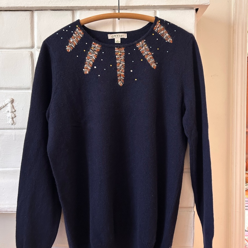 Orvis Dark Blue Sweater with Feather Embellishments
